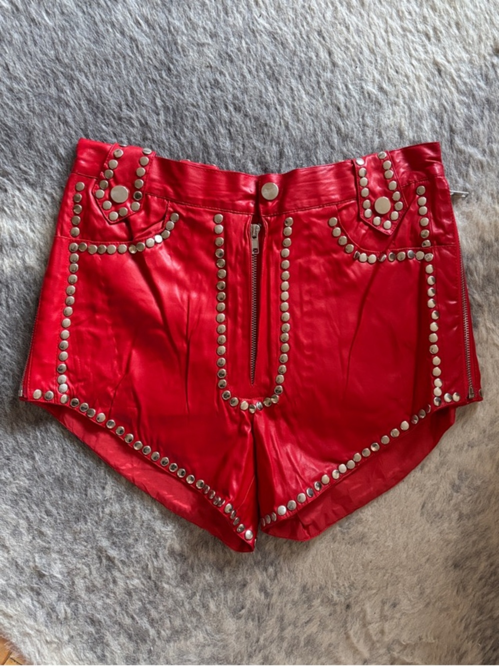 Red Studded Faux Leather Women's Shorts